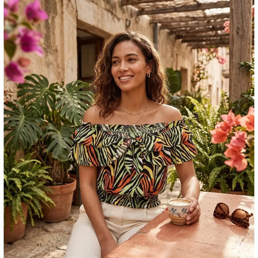 NWT New York & Company Women XL Safari Resortwear Maximalist Off Shoulder Blouse